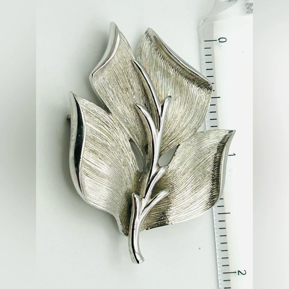 Monet Brushed Silver Tone Leaf Brooch Pin
